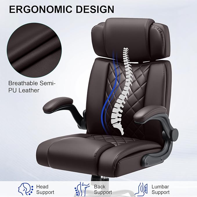 VANSPACE Executive Office Chair with Adjustable Lumbar Support and Headrest 440lbs Ergonomic Computer Chair Comfy High Back Swivel Rolling Office Chair with Flip-up Arms for Heavy People(Brown)