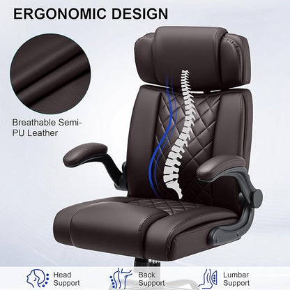 VANSPACE Executive Office Chair with Adjustable Lumbar Support and Headrest 440lbs Ergonomic Computer Chair Comfy High Back Swivel Rolling Office Chair with Flip-up Arms for Heavy People(Brown)