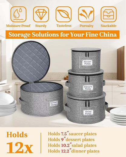 punemi China Storage Containers, Dish Storage w/Hard Shell Top Side Bottom Support & Felt Dividers for Charger Plates Dinnerware, Perfect for Moving Supplies, 4 set Stackable Fine China Storage, Gray