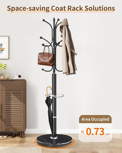 EZIVIEZ Modern Coat Rack Stand, Metal Freestanding Coat Rack with Natural Marble Base, Heavy-Duty Coat Racks with Umbrella Holder,Black Coat Hanger Stand with 12 Hooks for Office, Entryway, Hallway