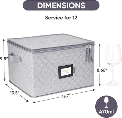 BALEINE China Storage Containers, Sturdy Quilted Wine Glass Storage, Plate Organizer with Carry Handles, Moving Boxes for Dishes, Cups, Mugs and Stemware (Wine Glasses, Soft Shell Grey)