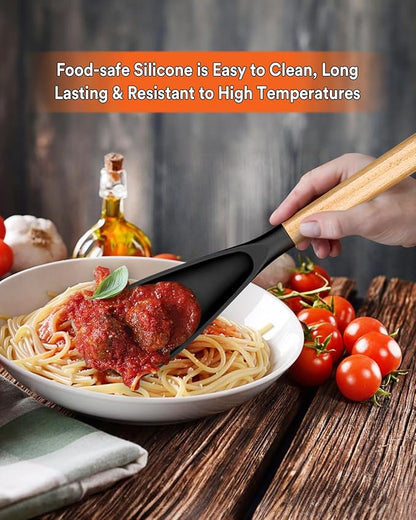 Cooking Spoon for Nonstick Cookwares, Great for Cooking and Serving Sturdy BPA-Free Matte Silicone, Wood Handle Spoon for Mixing, Scoop, and Scrape (BLACK, 13.4 inch)