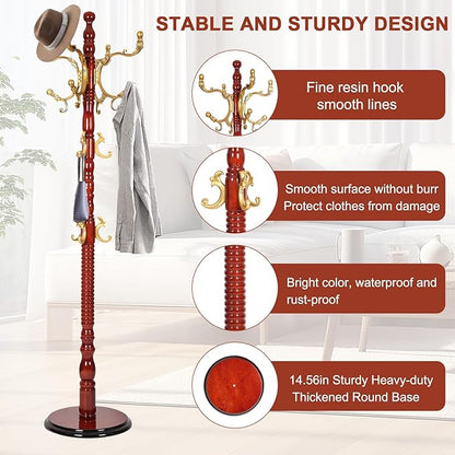 Wooden Coat rack freestanding, Coat racks stand with 14 Hook, Heavy duty coat tree standing 3 Adjustable Heights for Bedroom, Entryway, Hallway, Office,Stury Base (Begonia)