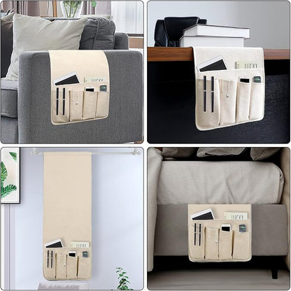 NB Sofa Armrest Organize Remote Holder Bedside Caddy Organizer with 5 Pockets，Non-Slip Couch Remote Control Holder Couch Armchair Caddy Accessories (Beige, 35"X12.4")