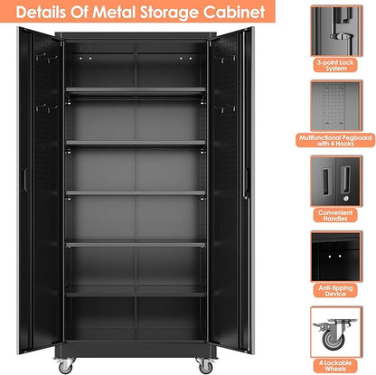 Garage Storage Cabinet with Wheels & Pegboard, Lockable Metal Storage Cabinet with Doors and 5 Adjustable Shelves for Garage, Home, Storage, Assembly Required, Black, 71" H×34" W×18" D
