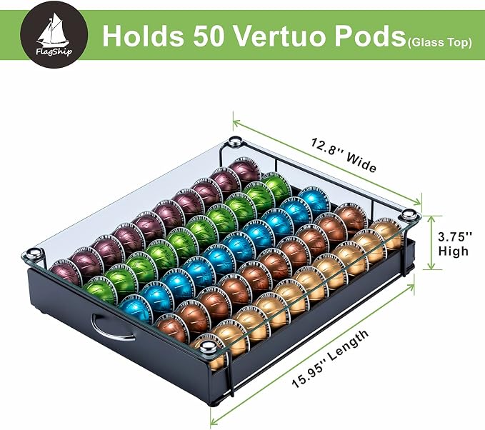 FlagShip for Vertuo Pod Holder Coffee Pod Organizer for Nespresso Pod Storage Glass Top(50 Pods Capacity)