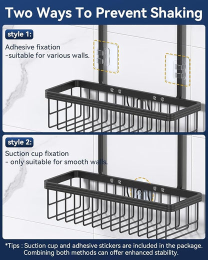 YASONIC Never Rust Shower Caddy Hanging, Aluminum Shower Racks for Inside Shower, 2-Tier Shower Organizer Hanging Over Shower Head with Hooks and Soap Holder, Black
