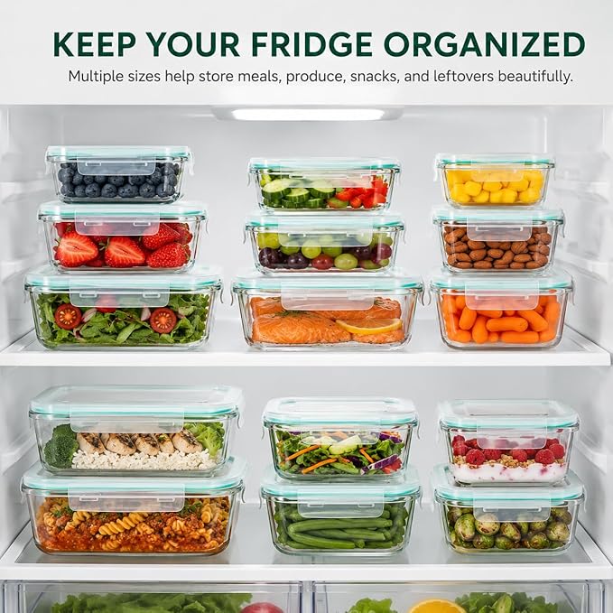 Peaktet 8 Pack Glass Food Storage Containers with Lids, Airtight Meal Prep Containers Set, Leakproof Glass Lunch Containers, BPA-Free Locking Lids, Oven Microwave Freezer Dishwasher Safe