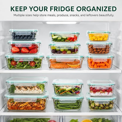 Peaktet 8 Pack Glass Food Storage Containers with Lids, Airtight Meal Prep Containers Set, Leakproof Glass Lunch Containers, BPA-Free Locking Lids, Oven Microwave Freezer Dishwasher Safe