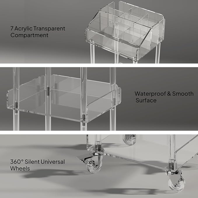 Aquiver Acrylic Makeup Organizer Storage Cart - 3 Tier Rolling Makeup Cart Vanity Organizer - Cosmetics Display Cases Holder for Skincare Cosmetics, 11.8'' L x 9.8'' W x 31.7'' H, Clear