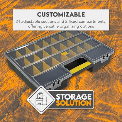 SE Adjustable 26-Compartment Plastic Storage Box - 18x12x3 Inch Organizer with Triple Lock, Translucent Lid, and Sturdy Handle - Ideal for Tools, Crafts, and Small Parts