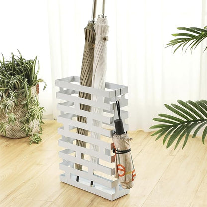 Umbrella Stands for Entryway Large Metal Umbrella Holder with Removable Water Tray and Hooks Decor Freestanding Rectangular Umbrella Hollow Rack for Home Office (White, 3.94 x 11.81 x 16.93 Inch)