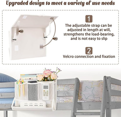Bedside Caddy Bedside Storage Organizer Bedside Organizer with Power Strip Holder and 2 Adjustable Straps for Home Bunk Bed College Dorm Sofa (White)