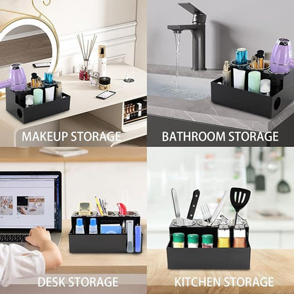 Hair Tool Organizer, Black Acrylic Hair Dryer Holder with Insulated Cup, Bathroom Supplies Countertop Blow Dryer Holder, Vanity Caddy Storage Stand for Accessories, Makeup, Toiletries