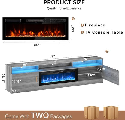MXV 78" Fireplace TV Stand with Power Outlet for TVs UP to 90", Electric Fireplace Entertainment Center with LED Lights & Storage Cabinets, TV Console for Living Room, Office, Grey-Black