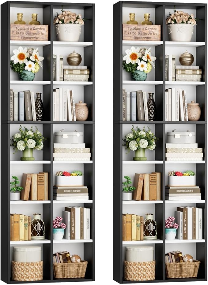FOTOSOK 2Pcs 71'' Tall Narrow Bookshelf with 14 Cubes, 7 Tier Double Wide Bookshelf with 6 Adjustable Shelves, 19.6" Narrow DVD/CD Media Storage Shelf, Space Saving Display Shelf Cabinet, White/Black