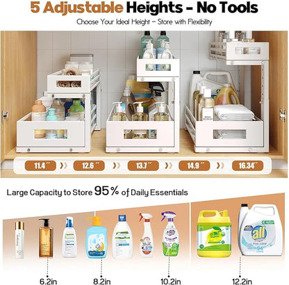 L-Shaped Metal Under Sink Organizer, 2-Tier Double Pull-Out Cabinet Organizer for Kitchen & Bathroom Storage, Height Adjustable, Smooth Cylinder Rail, White, 2 Packs