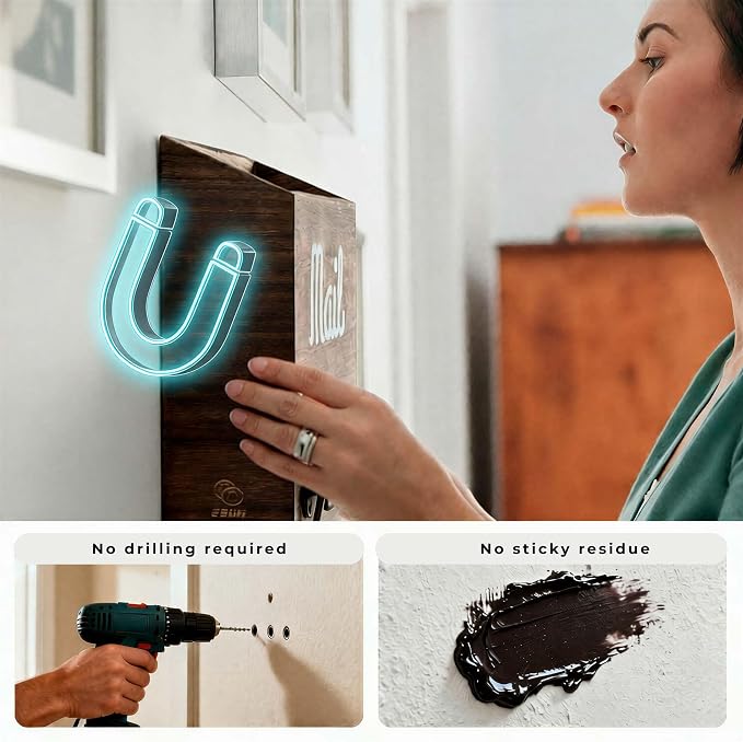 eBun Narrow Wood Mail Holder 2-Pack with 12 Key Hooks | Wall Mount, No-Drill Magnetic, Vertical Mail & Bills Slot, Entryway Decor