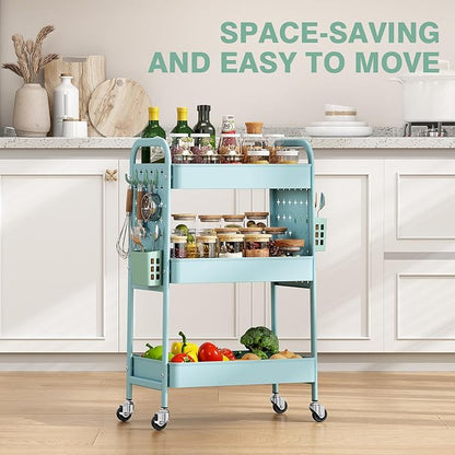 KINGRACK 3 Tier Rolling Cart with DIY Hanging Board, Metal Rolling Utility Cart with Wheels Handles Baskets Hooks, Rolling Storage Cart Suitable for Bathroom, Kitchen, Office, Nursery Diaper（Blue）