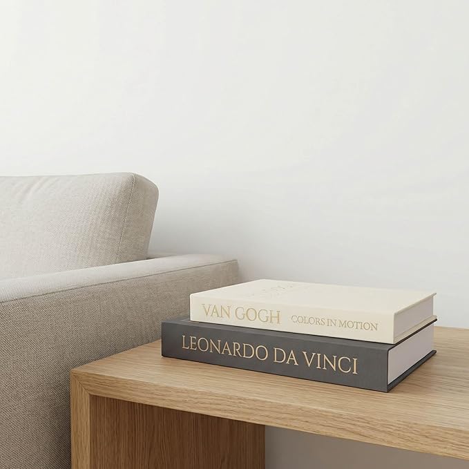 Decorative Storage Books Set of 2, Linen Cover, Gold Letters, Beige and Dark gray