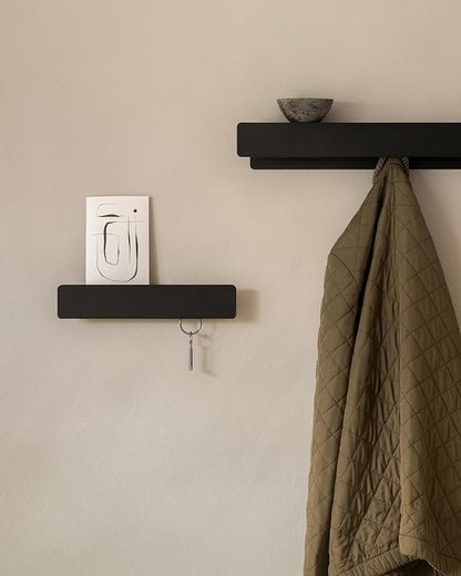 Kazai. Key Holder for Wall 'Kian' | Minimalist Key Rack Design from Berlin | Modern Metal Wall Key Hooks with Shelf | Mail and Key Holder for Entryway | Black
