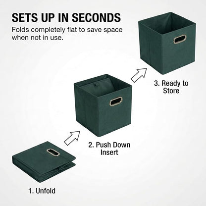 Household Essentials Foldable Fabric Storage Cubes 6-Pack – 11x11x11 Stackable Non-Woven Bins with Chipboard Sides & Grommet Handles – Closet, Shelf, Nursery, or Office Organizer – Dark Green