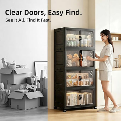 6-Tier Foldable Storage Cabinet with Wheels & Lid, 291QT Extra Large Stackable Organizer, No Tool Required, Storage Cabinet for Garage, Home Office, Pantry, Kitchen, Dorm