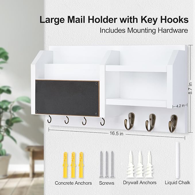Lwenki Mail and Key Holder – Wall Mount Key Hanger with Shelf and 7 Metal Hooks – Decorative Natural Paulownia Wood Entryway Organizer with Mounting Hardware (16.5”W x 8.7”H x 3.5”D) (White)