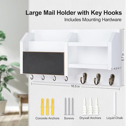 Lwenki Mail and Key Holder – Wall Mount Key Hanger with Shelf and 7 Metal Hooks – Decorative Natural Paulownia Wood Entryway Organizer with Mounting Hardware (16.5”W x 8.7”H x 3.5”D) (White)