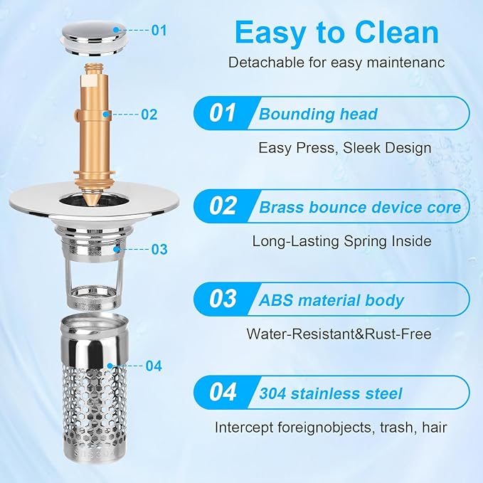 Adoric Bathroom Sink Stopper 2Pack, Sink Drain for Bathroom Pop Up Stopper with Removable Stainless Steel Filter Basket Hair Catcher for Standard 1.06"-1.50" Sink Basin Hole