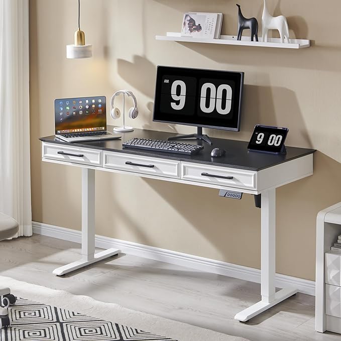 Electric Standing Desk with 3 Storage Drawers, 55x22 Inch Adjustable Height Office Computer Desk w/Power Outlets & One-Piece Desktop, Sit to Stand Up,Gaming Table for Home and Study, White