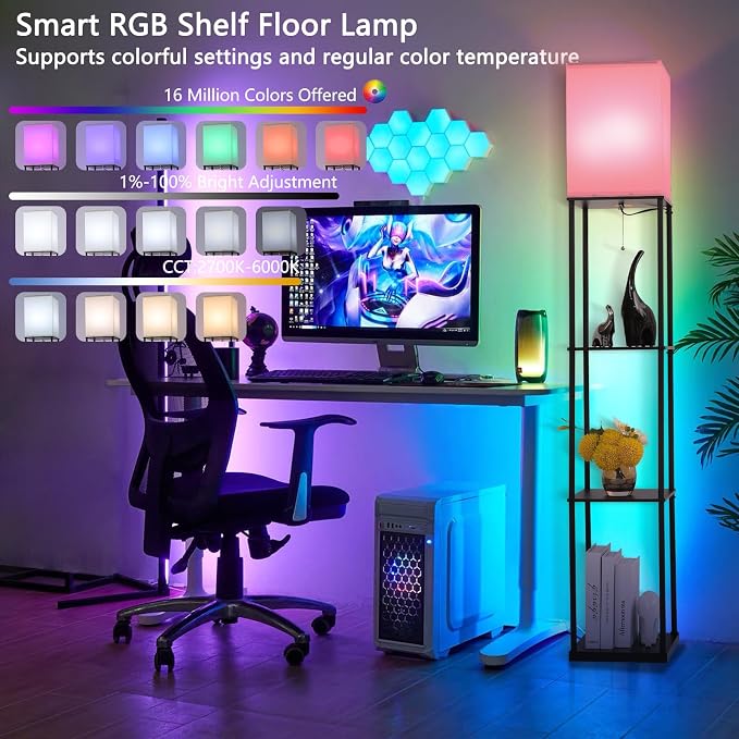 Gupuzm Floor Lamp with Shelves, with Modern Square Standing Lamp with Smart APP Control RGB Bulb, Corner Display Bookshelf Lamp for Living Room, Bedroom and Office (black-9RGB)