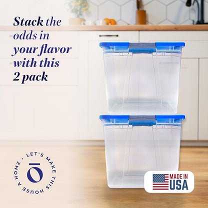 HOMZ Clear Plastic Storage Bins with Snaplock Secure Latching Lids | Easy Grip Handles | Stackable & Nestable Organizing Totes | Blue Lid | 64 Quart, Pack of 2