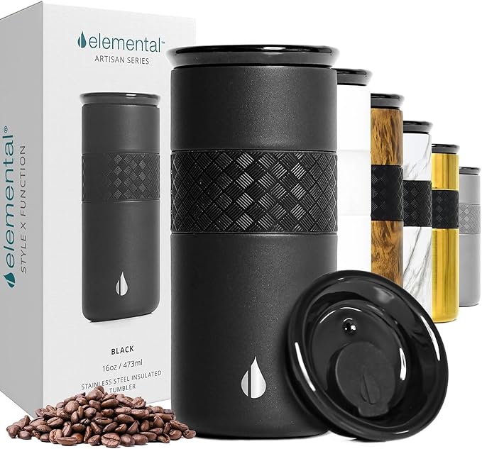 Elemental Artisan Inner Ceramic Coating Tumbler, Triple Wall Coffee Travel Mug, Reusable Stainless Steel Coffee Tumbler with Ceramic Lid for Hot (6 Hrs) & Cold (18 Hrs), 16oz - Black