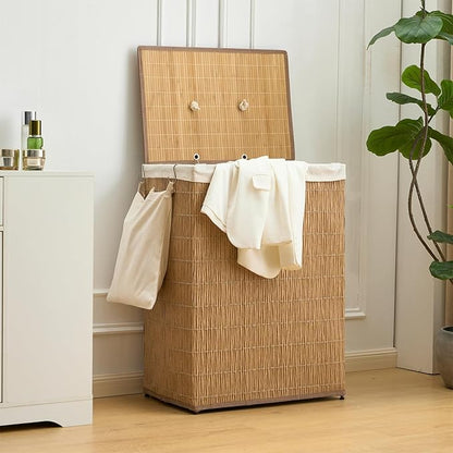 Laundry Hamper with Lid, 52.8 Gallon(200L) Large Laundry Basket 2 Removable Liner Bags, Synthetic Rattan Clothes Hamper with Side Pocket, laundry organization for bathroom, laundry room, Natural