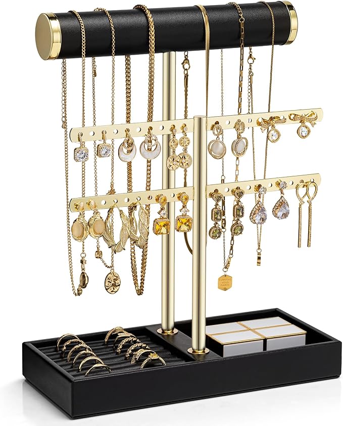 Vlando 2 Tier Necklace Holder Organizer with Tray, Leather Bracelet Holder Display for Women, Gold Jewelry Holder Stand for Bracelet, Necklace, Earrings, Rings - Black