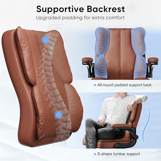 Executive Leather Office Chair, Computer Chair with Thick Cushion & Lumbar Support, Ergonomic Desk Chair with Adjustable Headrest & Armrests,Brown