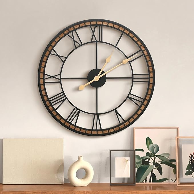 Micasso Non-Ticking Large Wall Clock : 20inch Modern Metal Black with Solid Wood Frame Silent Clock for Living Room/Bedroom/Kitchen - Home Decor for Fashion-Conscious (Style 2, 20-Inch)