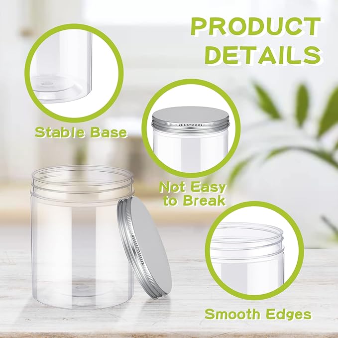 Irenare 24 Pcs 16 oz Plastic Jars with Lids Clear Plastic Containers Wide Mouth Food Mason Jars Airtight Storage Containers for Cake, Dried Fruit, Honey, Nuts, Carft, Scrub Cream(Silver Lids)