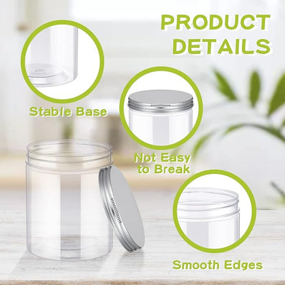 Irenare 24 Pcs 16 oz Plastic Jars with Lids Clear Plastic Containers Wide Mouth Food Mason Jars Airtight Storage Containers for Cake, Dried Fruit, Honey, Nuts, Carft, Scrub Cream(Silver Lids)