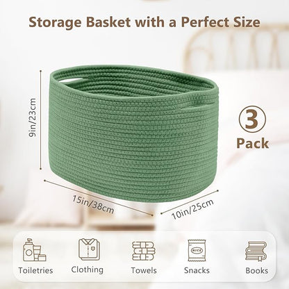 Cotton Rope Storage Basket, 15x10x9 Inches, Woven Basket for Shelves, Clothes, Towels, Books, and Laundry, Green (3 Pack)
