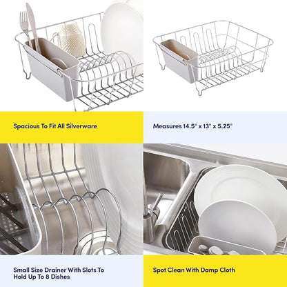 Dish Drying Rack & Cutlery Holder 2 Piece Set - Compact Sink-Fitting Dish Drainer with Rubberized Undercoating, Space-Saving Kitchen Organizer for Plates, Cups, Bowls & Utensils in Sink, Silver