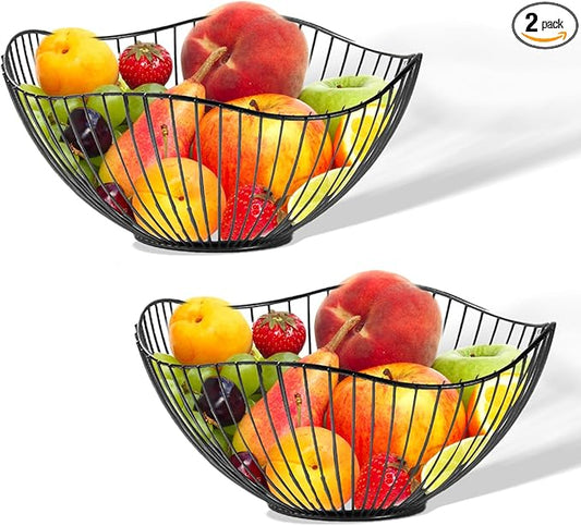 2-Pack Kitchen Countertop Fruit Baskets – Sturdy Metal Wire Rack, Multi-Purpose Tabletop Storage Tray for Fruits, Vegetables, Bread, and Household Items (Black)