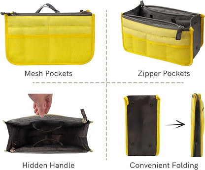 Vercord Purse Organizer Insert for Handbags Bag Organizers Inside Tote Pocketbook Women Nurse Nylon 13 Pockets Yellow Large