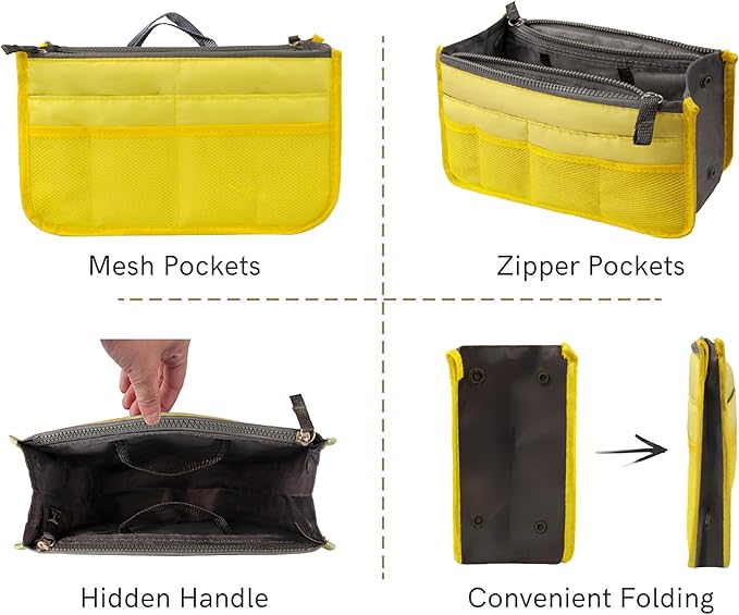 Vercord Purse Organizer Insert for Handbags Bag Organizers Inside Tote Pocketbook Women Nurse Nylon 13 Pockets Yellow Small