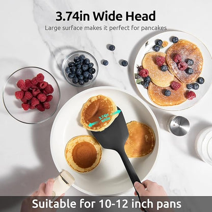 600ºF Heat Resistant Silicone Turner: U-Taste 13.6in Long Solid & Slotted Thick Kitchen Spatula Flipper, Large Flexible Cooking Utensil for Flipping Egg in Nonstick Cookware (Classic Black, 2PCS)