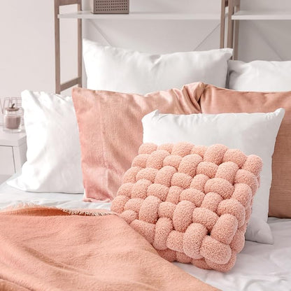 Wenqik 2 Pcs Knot Pillows Square Knotted Plush Throws Soft Accent Pillows Decoration Cushion for Couch Home Office Living Room Bedroom Bed Sofa Decor, 12'' x 13''(Pink,Lambswool)