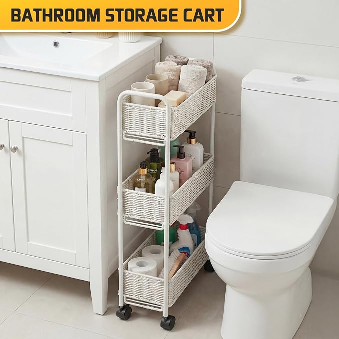 FOCHIER F Utility Slim Storage Cart,3-Tier Rolling Kitchen Office Laundry Room Cart,Mobile Shelving Unit Organizer for Living Room Bathroom Baby Diaper Narrow Places (White, UC-White-7.1inch)