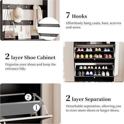 Shoe Cabinet for Entryway with 2 Flip Drawers & Coat Rack, Narrow Hidden Shoe Storage Cabinet with Fluted Panel, 2-in-1 Hall Tree Slim Freestanding Shoe Rack Organizer for Hallway, Black