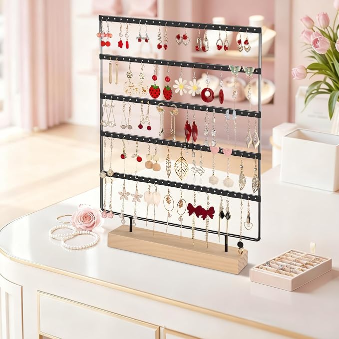 Earring Holder Organizer, 5-Tier Earring Organizer with 60-Pair Capacity, Wooden Base Metal Earring Display, Jewelry Storage & Display for Home Store, Suitable for Women